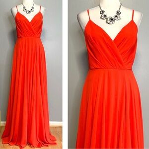 Lulus All About Love Coral Red Chiffon Formal Maxi Gown Dress Medium